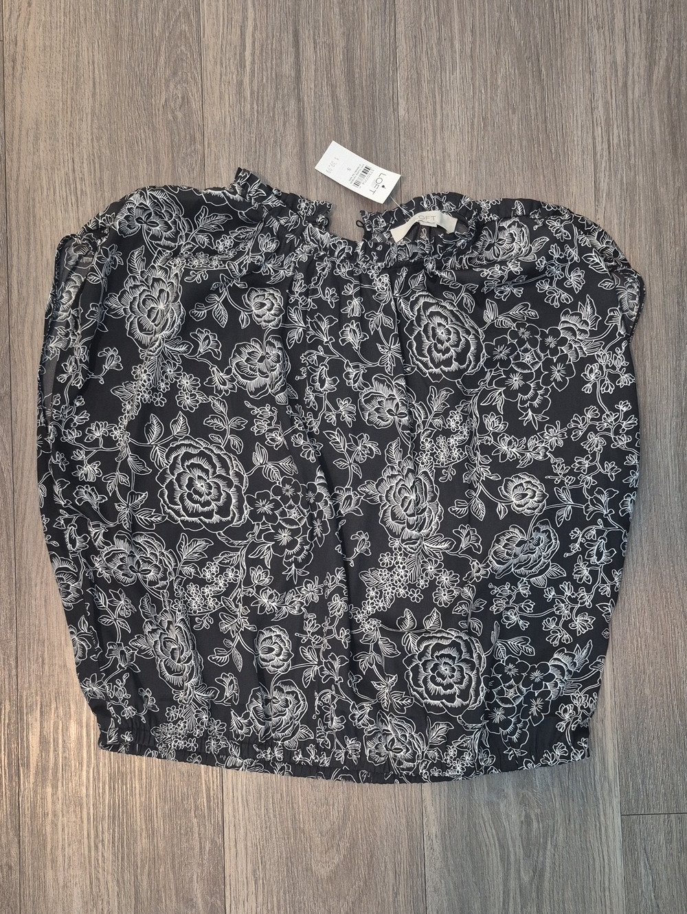 LOFT Black Floral Smocked-Neck Blouse